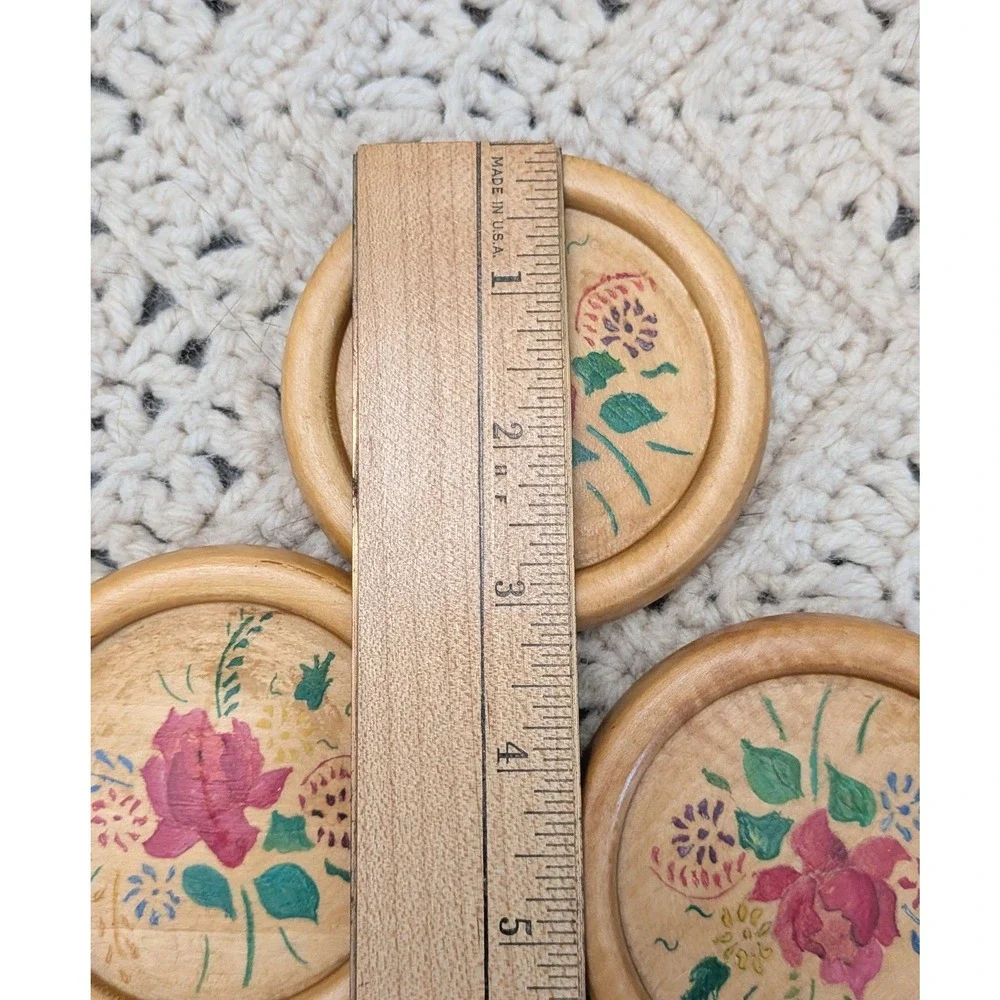 Vintage Hand Painted Wooden Coasters Set 4 Floral Rose Folk Art Cottagecore